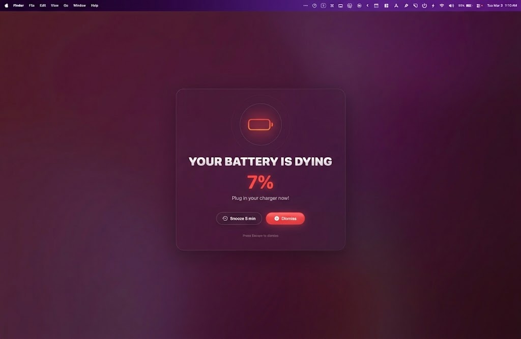 Your Battery Is Dying — full-screen glass alert showing 7% battery with Snooze and Dismiss buttons