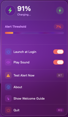 Menu bar popover showing battery status, threshold slider, and settings